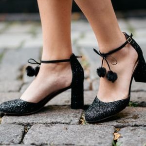 Kate Spade Glitter Abigail Pumps with Pom-Poms